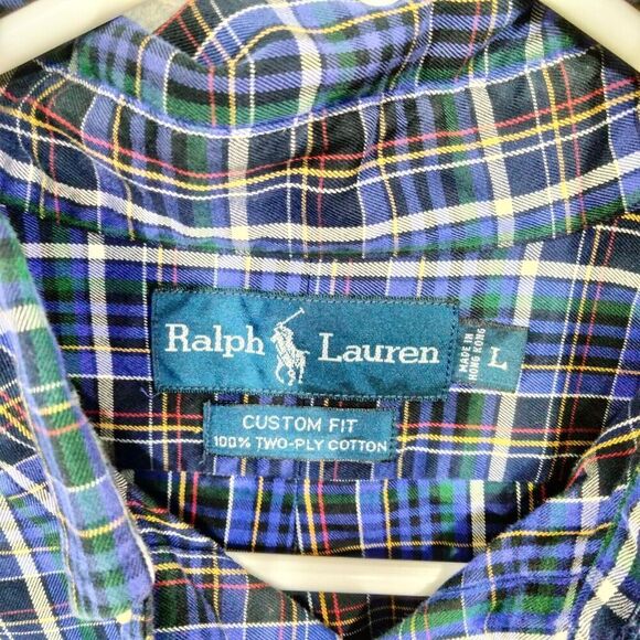 Ralph Lauren Button Down Shirt Mens L Blue Purple Plaid Long Sleeve Custom Fit - Picture 7 of 11